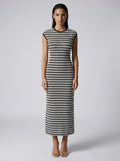Odile Striped Round Neck Cap Sleeve Bodycon Maxi Dress in Black