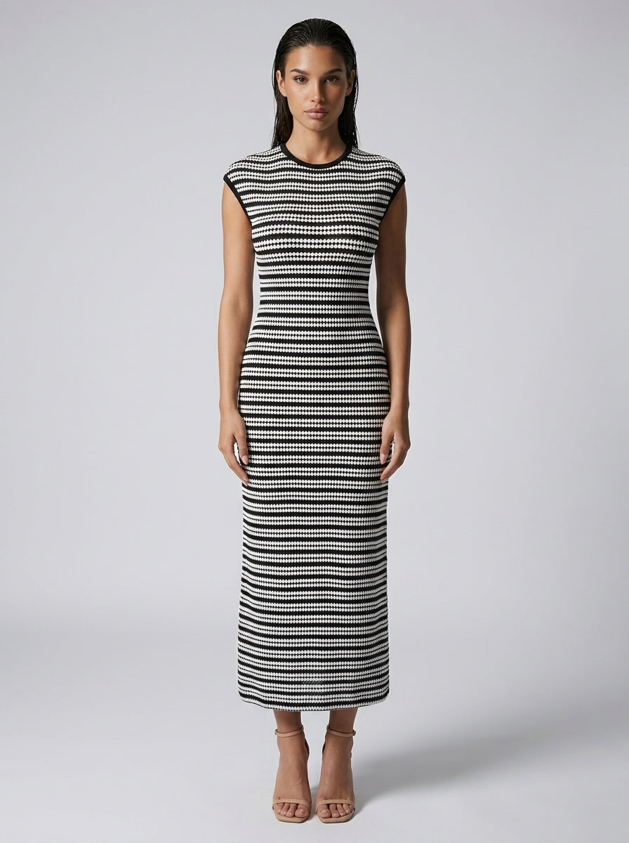 Odile Striped Round Neck Cap Sleeve Bodycon Maxi Dress in Black