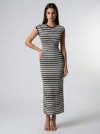 Odile Striped Round Neck Cap Sleeve Bodycon Maxi Dress in Black