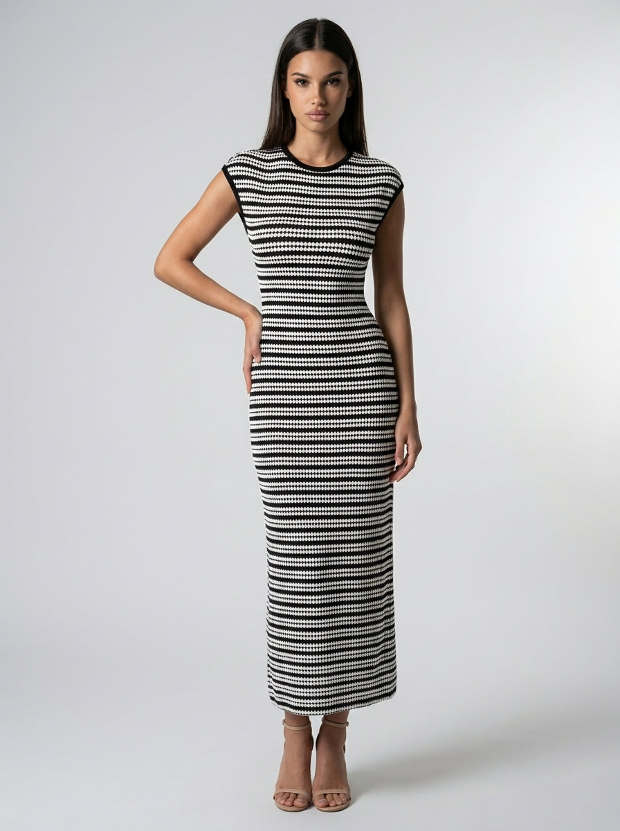 Odile Striped Round Neck Cap Sleeve Bodycon Maxi Dress in Black