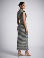 Odile Striped Round Neck Cap Sleeve Bodycon Maxi Dress in Black