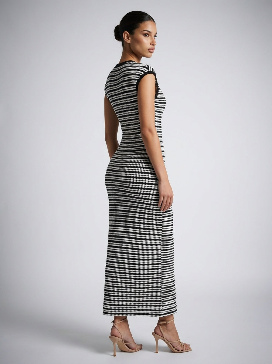 Odile Striped Round Neck Cap Sleeve Bodycon Maxi Dress in Black