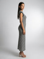 Odile Striped Round Neck Cap Sleeve Bodycon Maxi Dress in Black