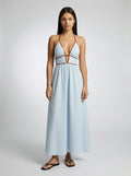 Amalfi Striped Plunge Halter Neck Maxi Dress in Light Blue
