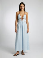 Amalfi Striped Plunge Halter Neck Maxi Dress in Light Blue