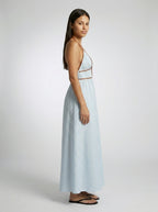 Amalfi Striped Plunge Halter Neck Maxi Dress in Light Blue
