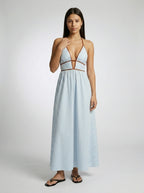 Amalfi Striped Plunge Halter Neck Maxi Dress in Light Blue