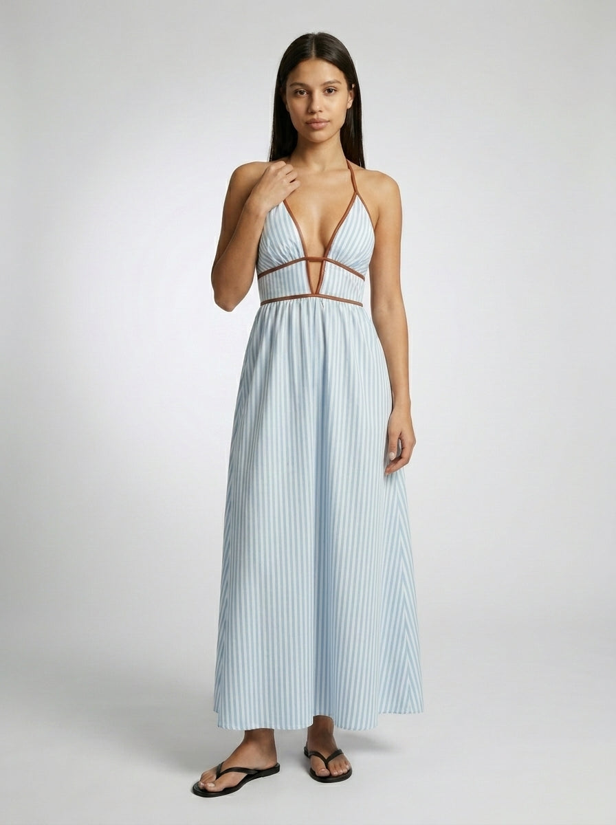 Amalfi Striped Plunge Halter Neck Maxi Dress in Light Blue