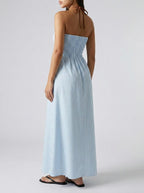 Amalfi Striped Plunge Halter Neck Maxi Dress in Light Blue