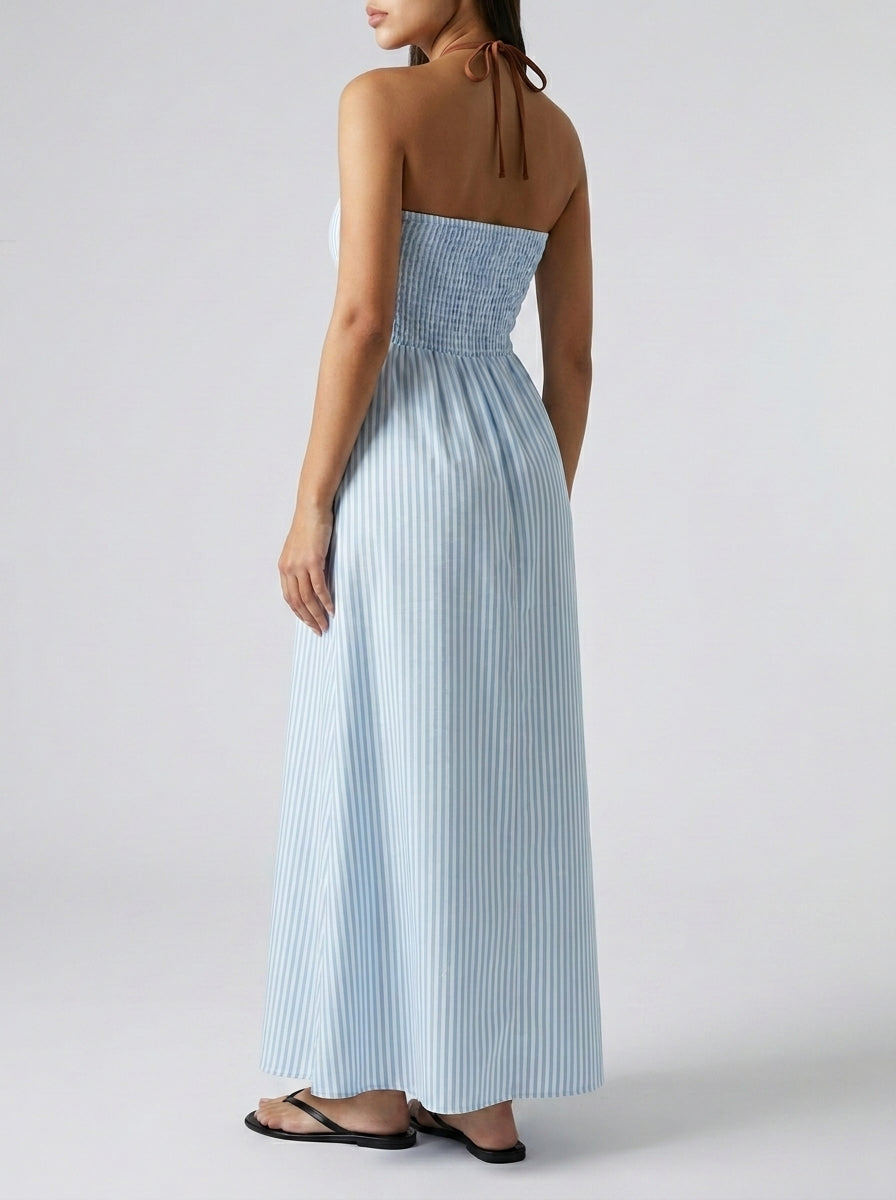 Amalfi Striped Plunge Halter Neck Maxi Dress in Light Blue