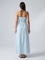 Amalfi Striped Plunge Halter Neck Maxi Dress in Light Blue