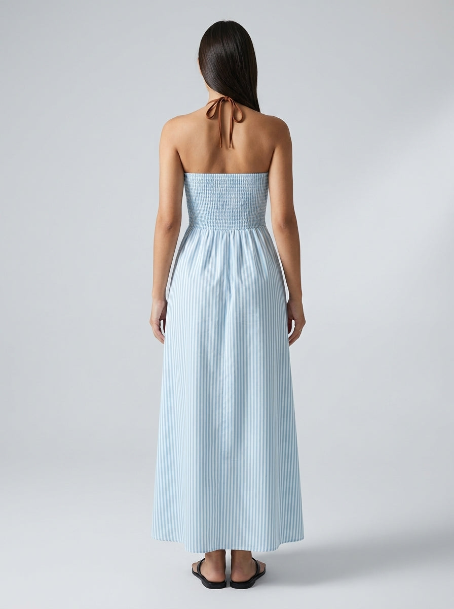 Amalfi Striped Plunge Halter Neck Maxi Dress in Light Blue