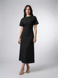 Cleo Striped Boat Neck Short Sleeve Ruched Maxi Dress in Black