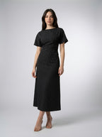 Cleo Striped Boat Neck Short Sleeve Ruched Maxi Dress in Black