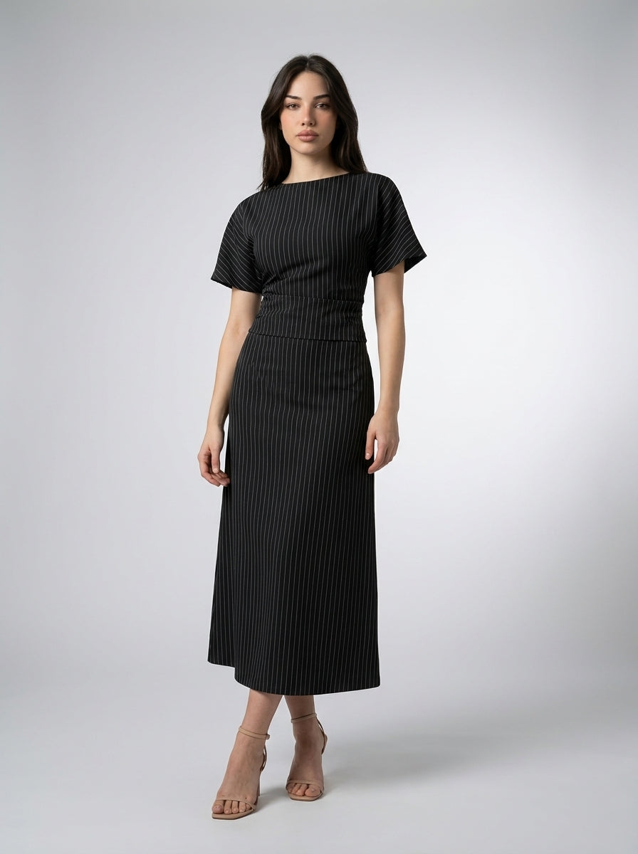Cleo Striped Boat Neck Short Sleeve Ruched Maxi Dress in Black