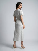 Cleo Striped Boat Neck Short Sleeve Ruched Maxi Dress in White