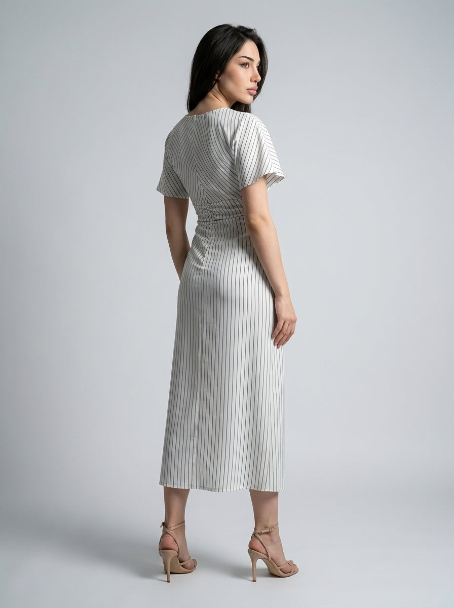 Cleo Striped Boat Neck Short Sleeve Ruched Maxi Dress in White