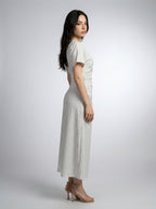 Cleo Striped Boat Neck Short Sleeve Ruched Maxi Dress in White