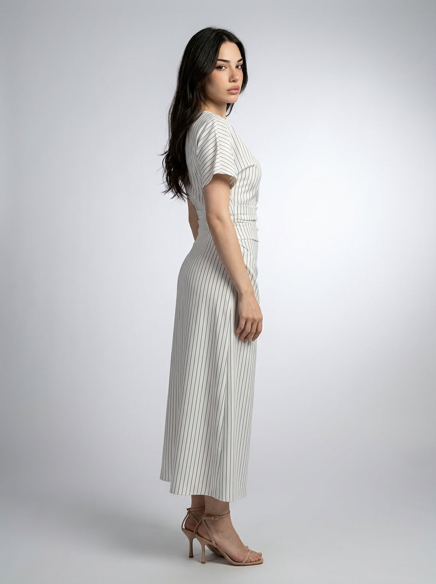 Cleo Striped Boat Neck Short Sleeve Ruched Maxi Dress in White