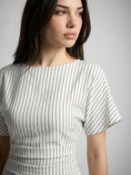 Cleo Striped Boat Neck Short Sleeve Ruched Maxi Dress in White