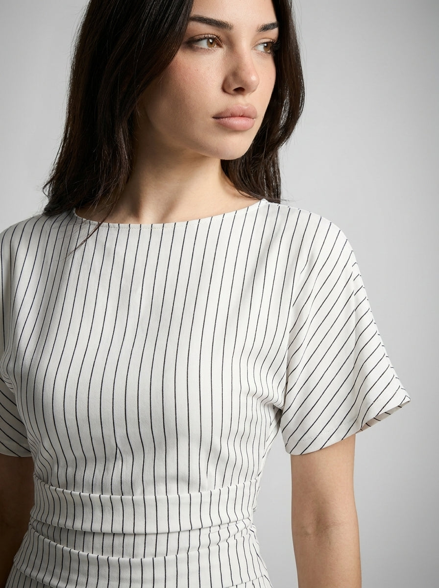 Cleo Striped Boat Neck Short Sleeve Ruched Maxi Dress in White