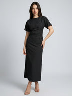 Cleo Striped Boat Neck Short Sleeve Ruched Maxi Dress in Black