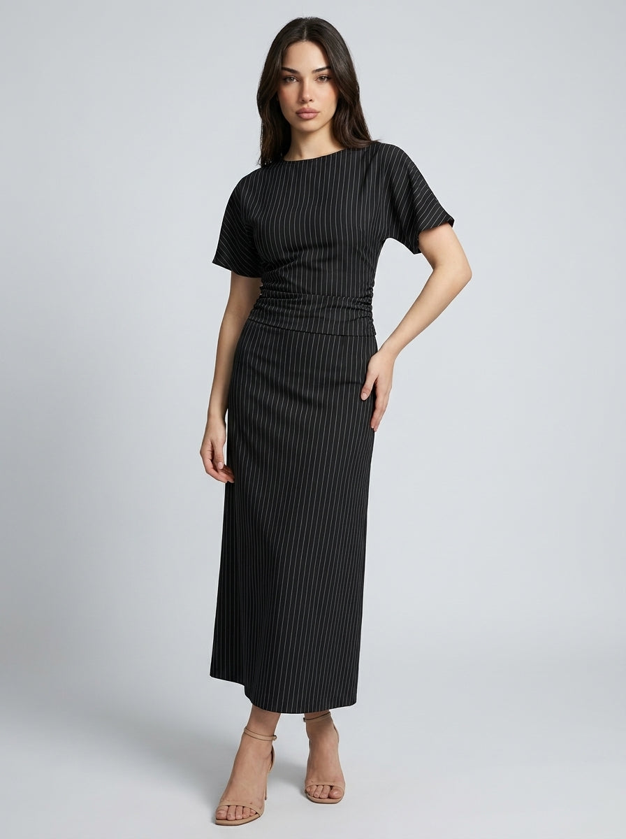 Cleo Striped Boat Neck Short Sleeve Ruched Maxi Dress in Black