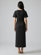 Cleo Striped Boat Neck Short Sleeve Ruched Maxi Dress in Black