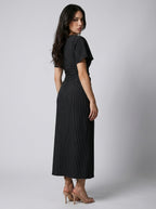Cleo Striped Boat Neck Short Sleeve Ruched Maxi Dress in Black