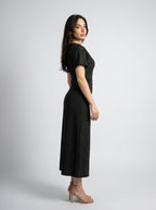 Cleo Striped Boat Neck Short Sleeve Ruched Maxi Dress in Black