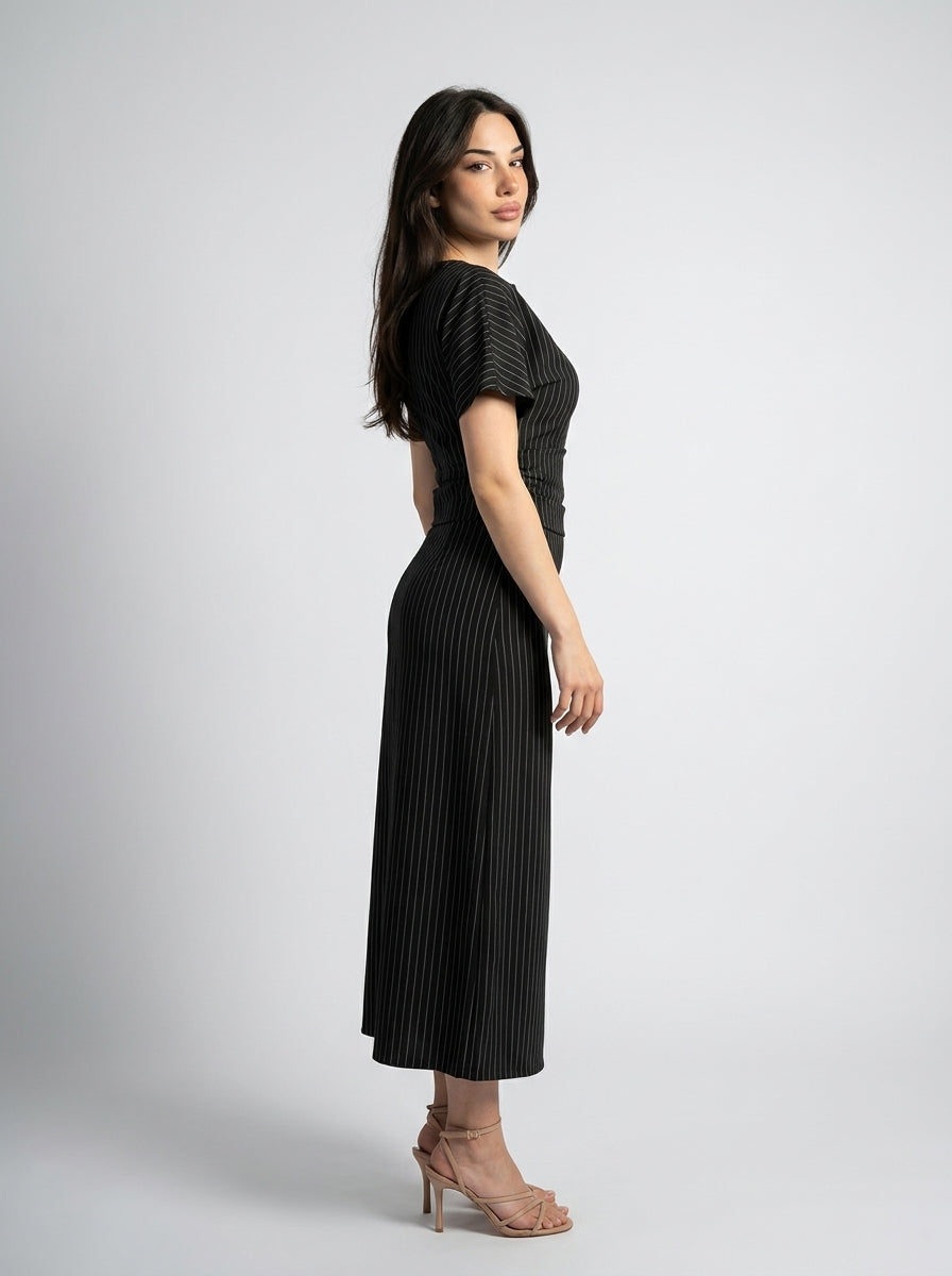 Cleo Striped Boat Neck Short Sleeve Ruched Maxi Dress in Black