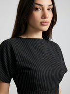 Cleo Striped Boat Neck Short Sleeve Ruched Maxi Dress in Black