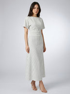 Cleo Striped Boat Neck Short Sleeve Ruched Maxi Dress in White