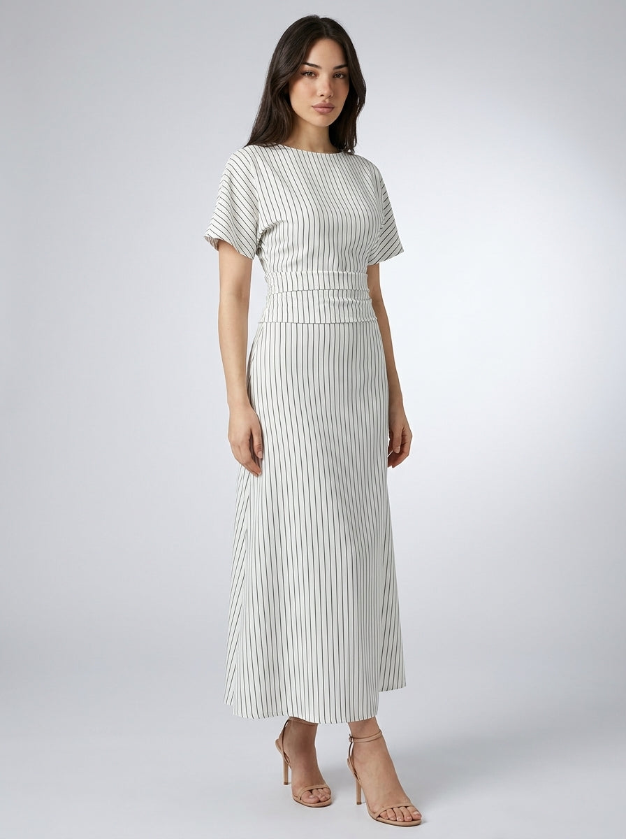 Cleo Striped Boat Neck Short Sleeve Ruched Maxi Dress in White