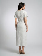 Cleo Striped Boat Neck Short Sleeve Ruched Maxi Dress in White