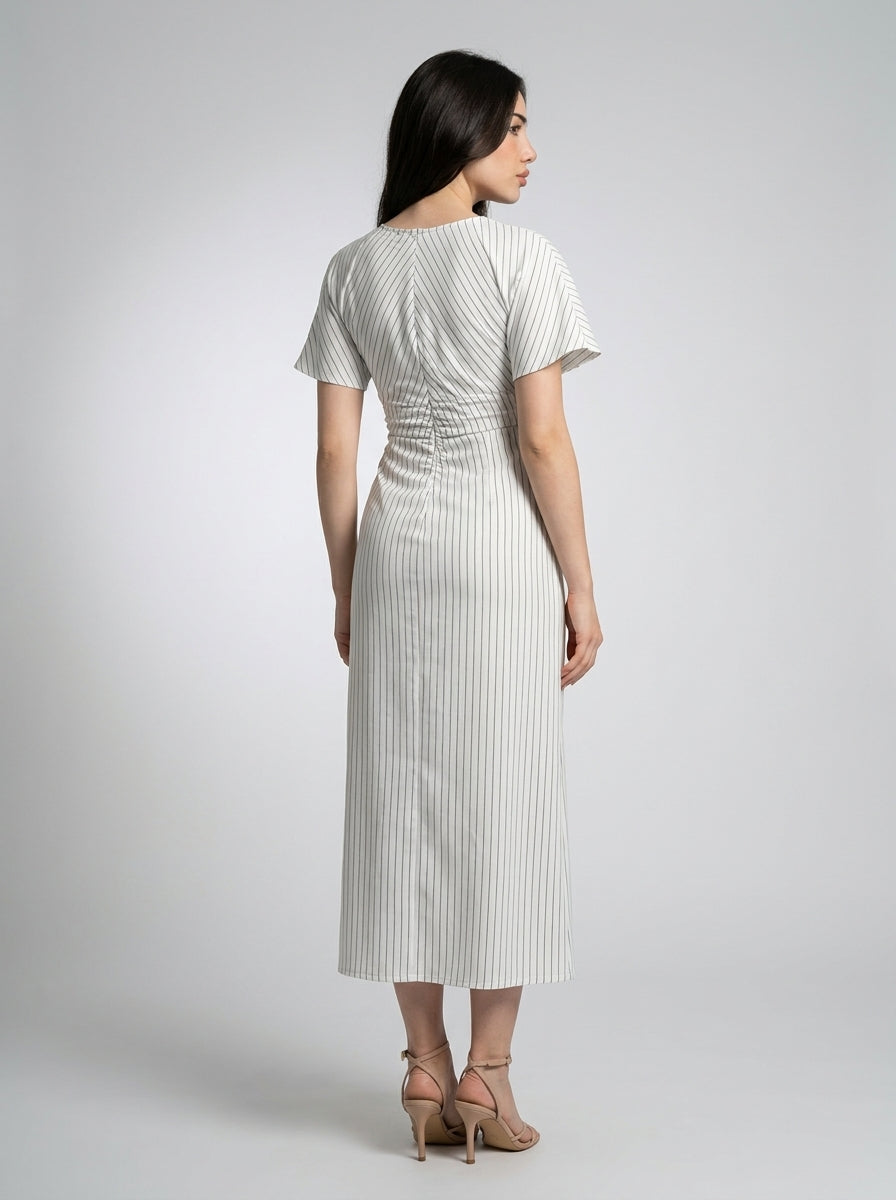 Cleo Striped Boat Neck Short Sleeve Ruched Maxi Dress in White