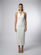 Capucine Collared Halter Neck Wedding Guest Midi Dress in Cream