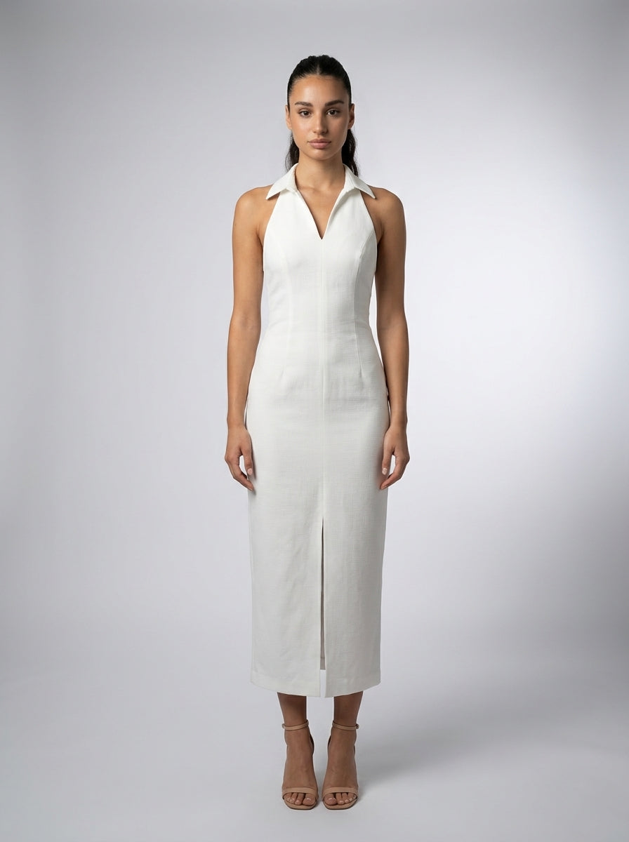 Capucine Collared Halter Neck Wedding Guest Midi Dress in Cream