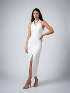 Capucine Collared Halter Neck Wedding Guest Midi Dress in Cream