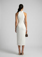 Capucine Collared Halter Neck Wedding Guest Midi Dress in Cream