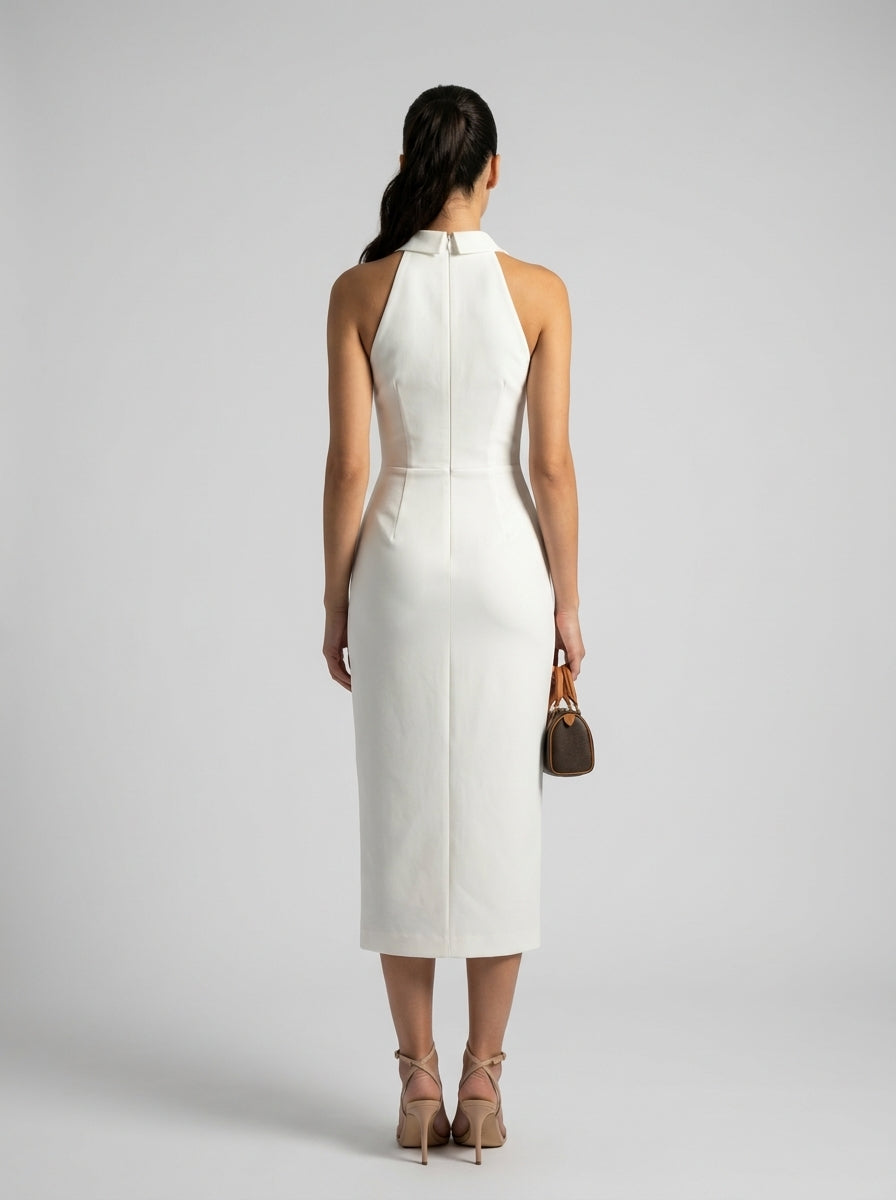 Capucine Collared Halter Neck Wedding Guest Midi Dress in Cream