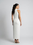 Capucine Collared Halter Neck Wedding Guest Midi Dress in Cream