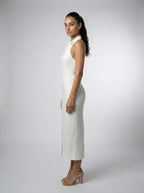 Capucine Collared Halter Neck Wedding Guest Midi Dress in Cream