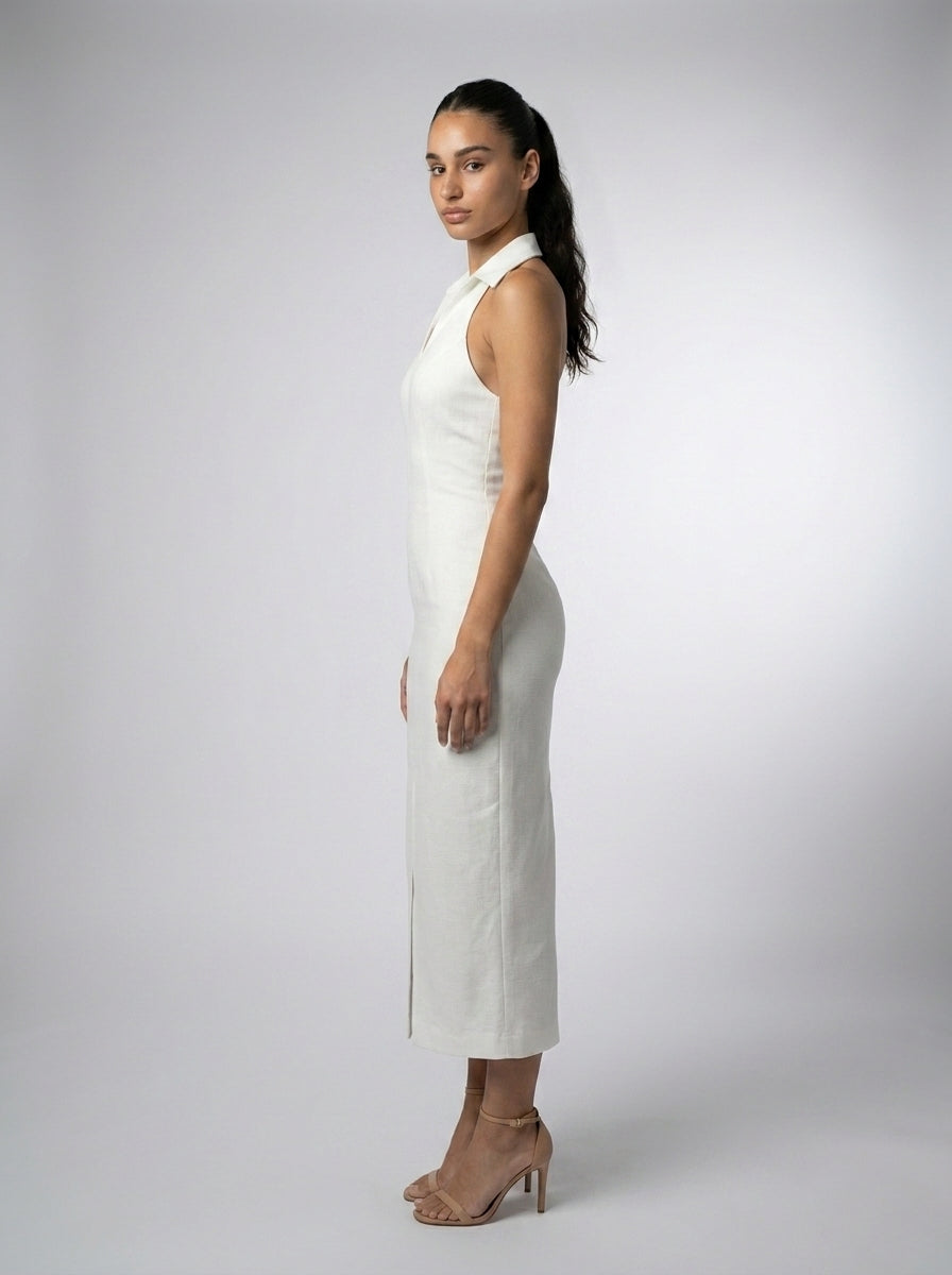 Capucine Collared Halter Neck Wedding Guest Midi Dress in Cream