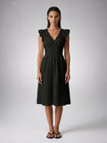 Cassia Eyelet V Neck Ruffle Cap Sleeve Midi Dress in Black