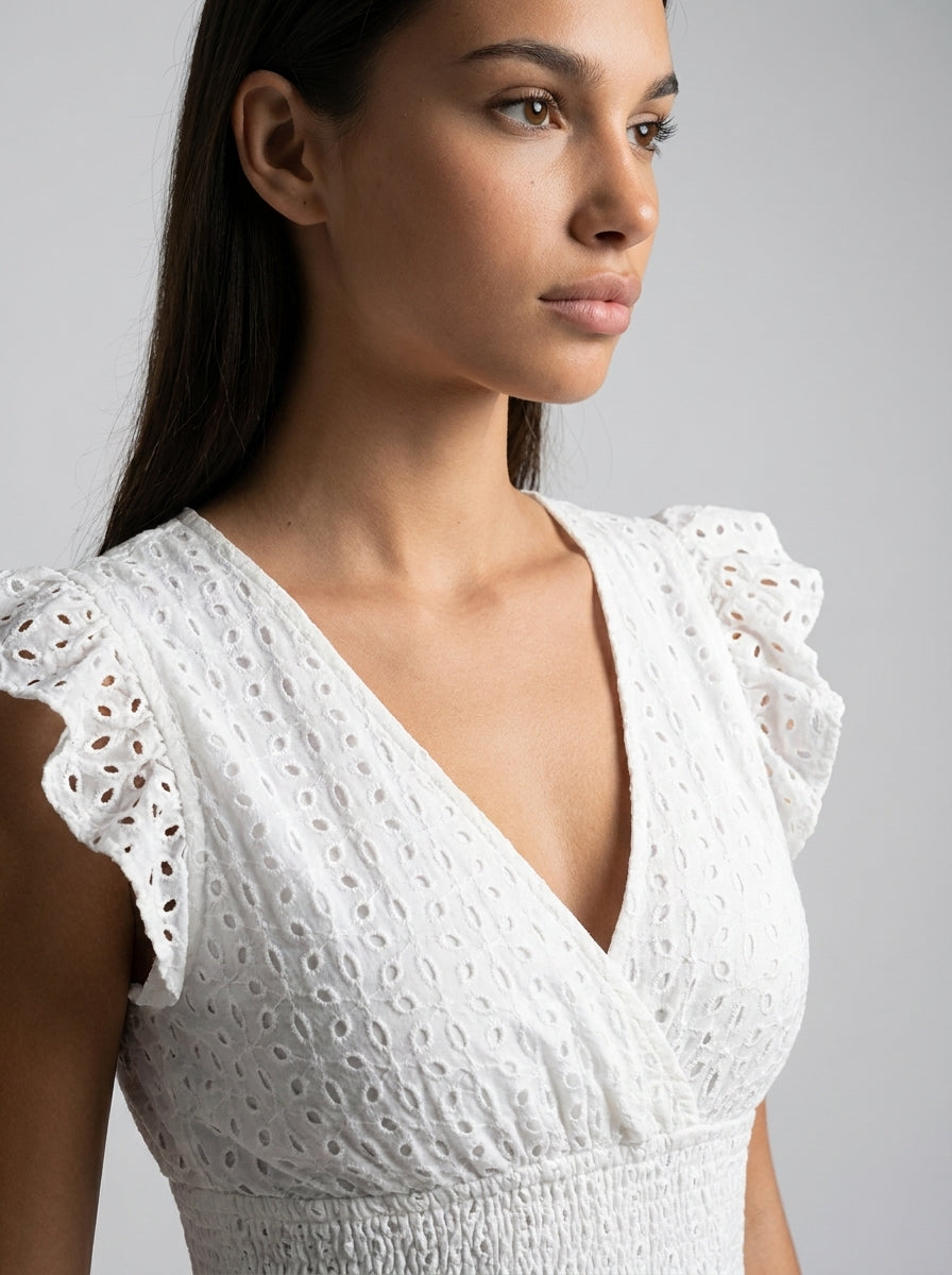 Cassia Eyelet V Neck Ruffle Cap Sleeve Midi Dress in White