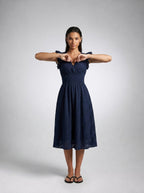 Cassia Eyelet V Neck Ruffle Cap Sleeve Midi Dress in Navy
