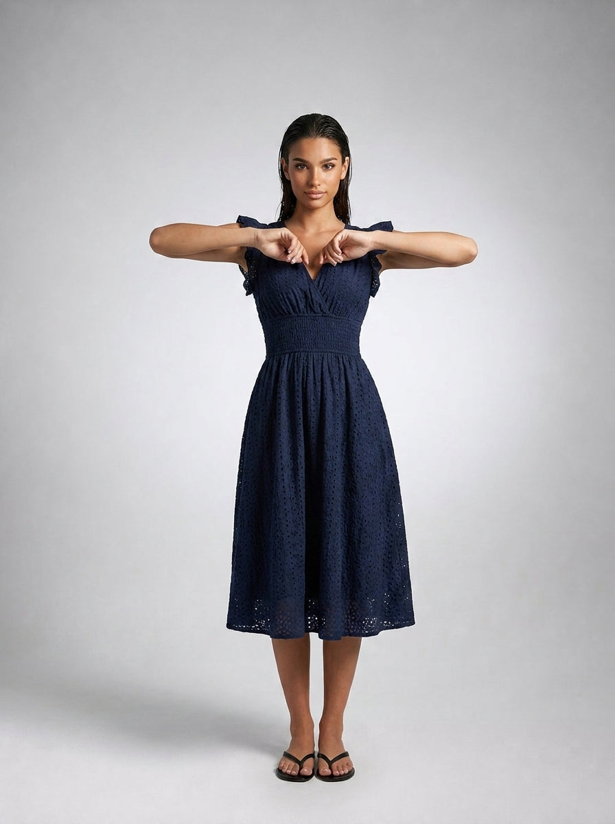 Cassia Eyelet V Neck Ruffle Cap Sleeve Midi Dress in Navy