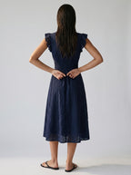 Cassia Eyelet V Neck Ruffle Cap Sleeve Midi Dress in Navy