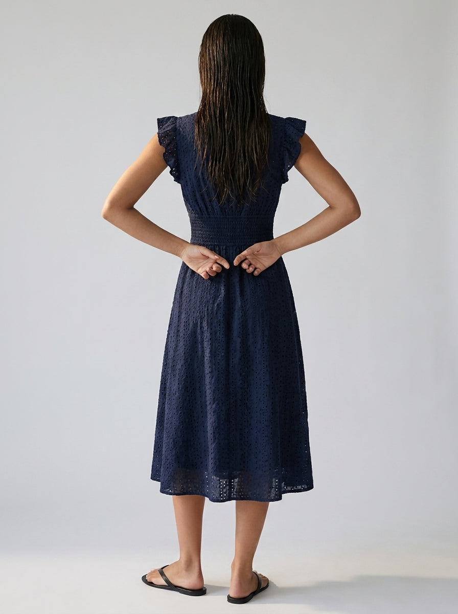Cassia Eyelet V Neck Ruffle Cap Sleeve Midi Dress in Navy